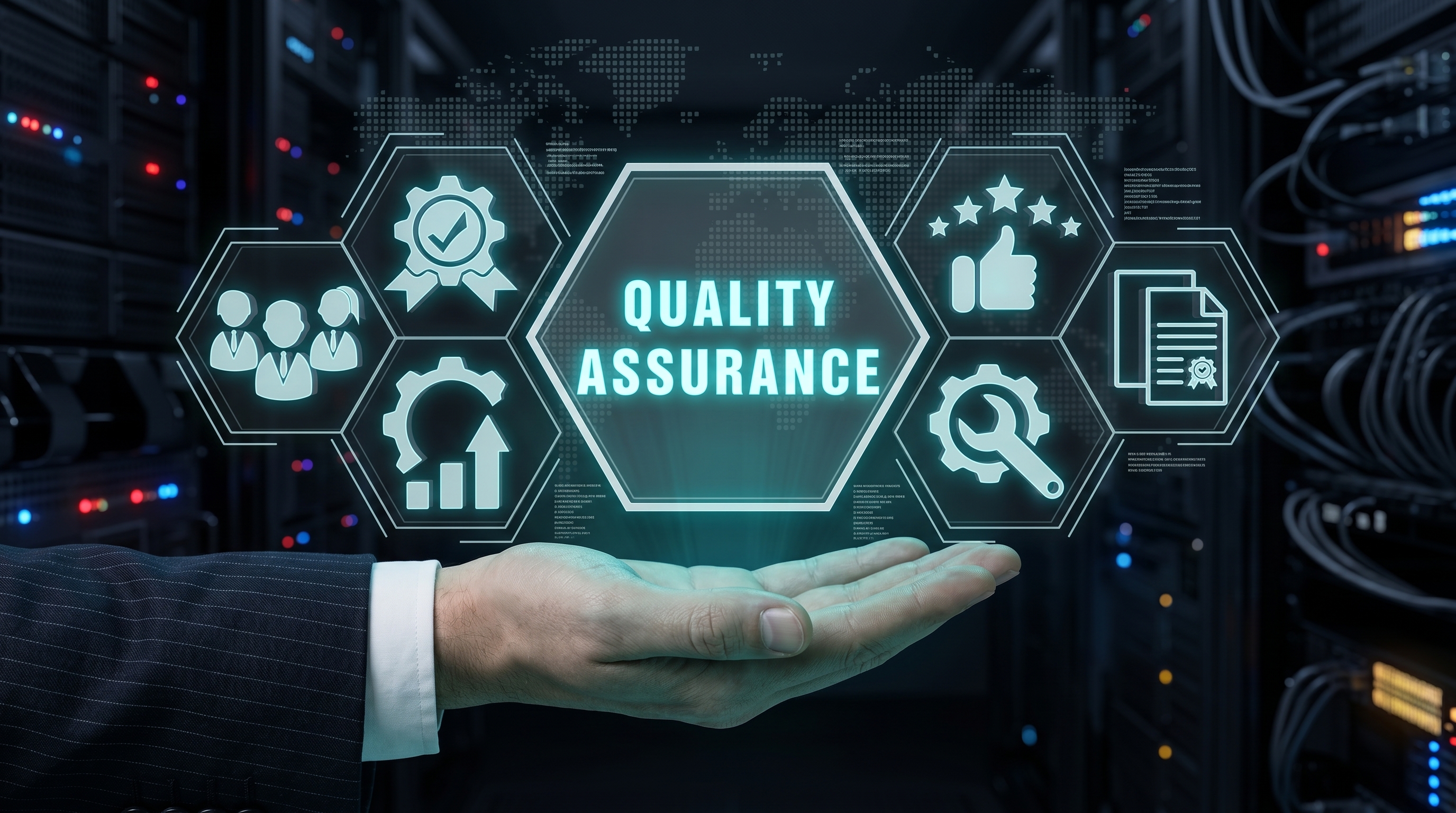 Quality Assurance — hexagon icons for team, standards, analytics, and certification