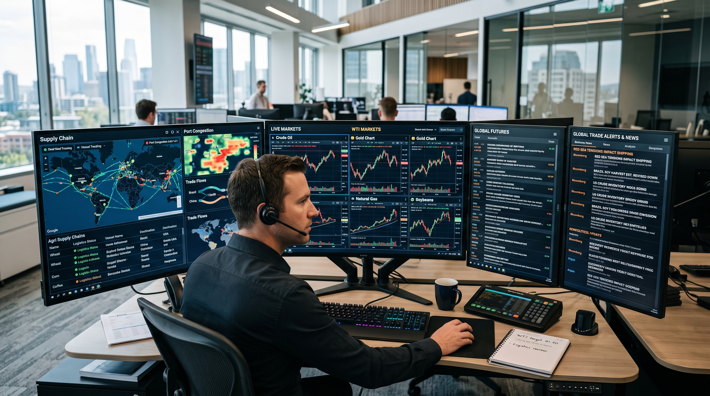 Trading dashboard — multi-monitor setup with Supply Chain, Live Markets, WTI and Global Futures